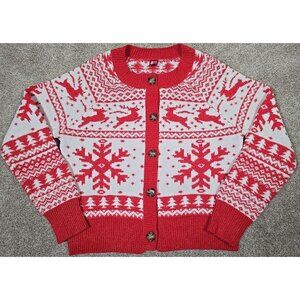 DEC. 25th Fair Isle Sweater Cardigan Holiday Winter Reindeer Snowflakes Short S